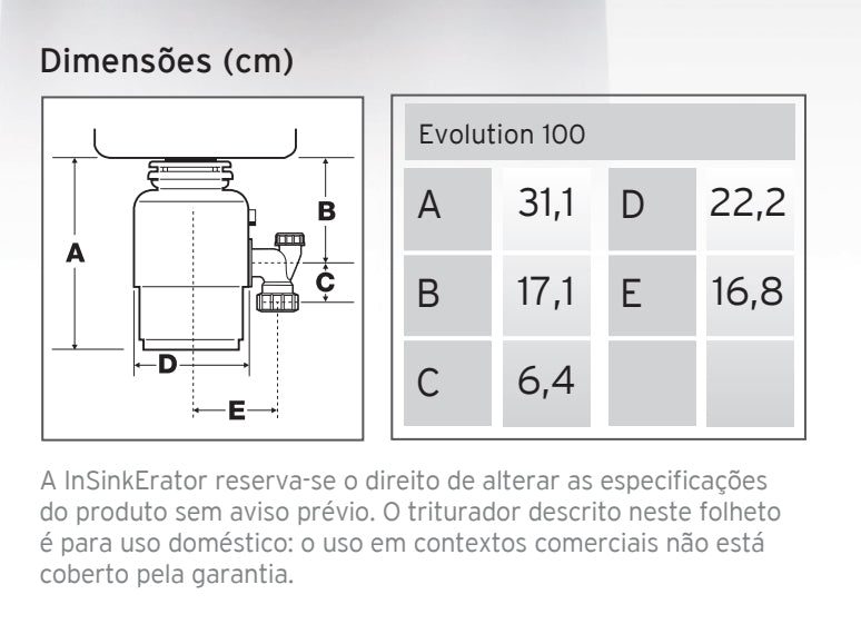 Triturador de Resíduos Alimentares InSinkErator Evolution 100