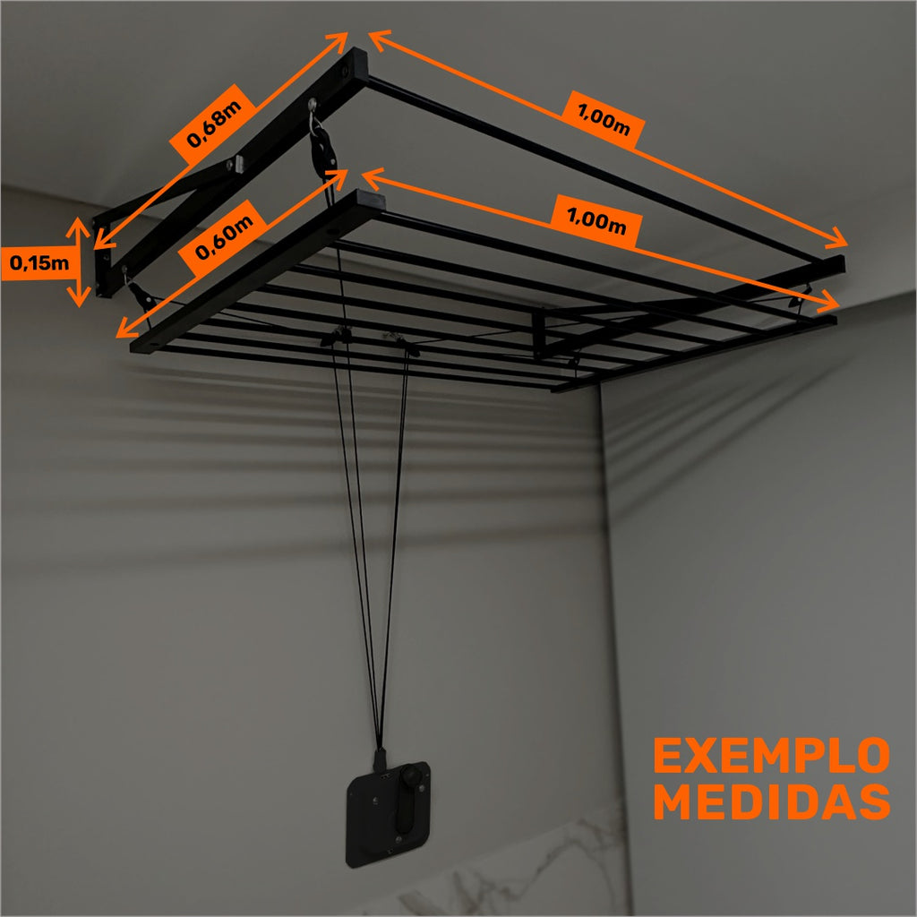 Varal Tradicional de Parede Preto com Manivela