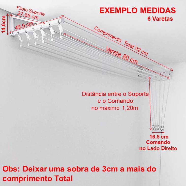 Varal Individual de Parede 6 varetas 92x49cm