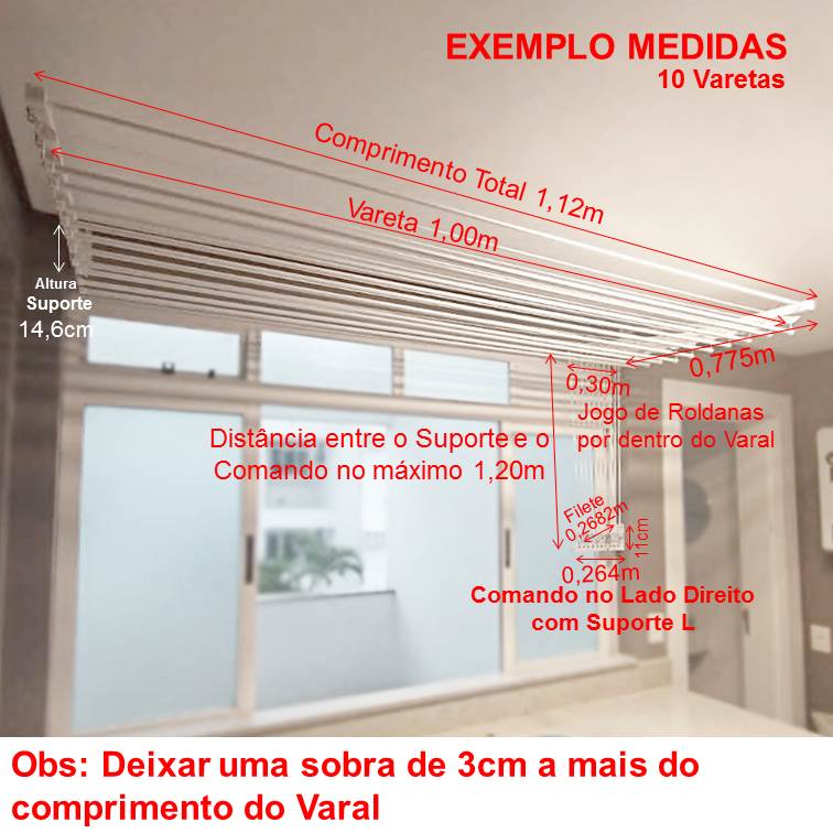 Varal Individual de Parede com Jogo de Roldanas e Comando com Suporte L
